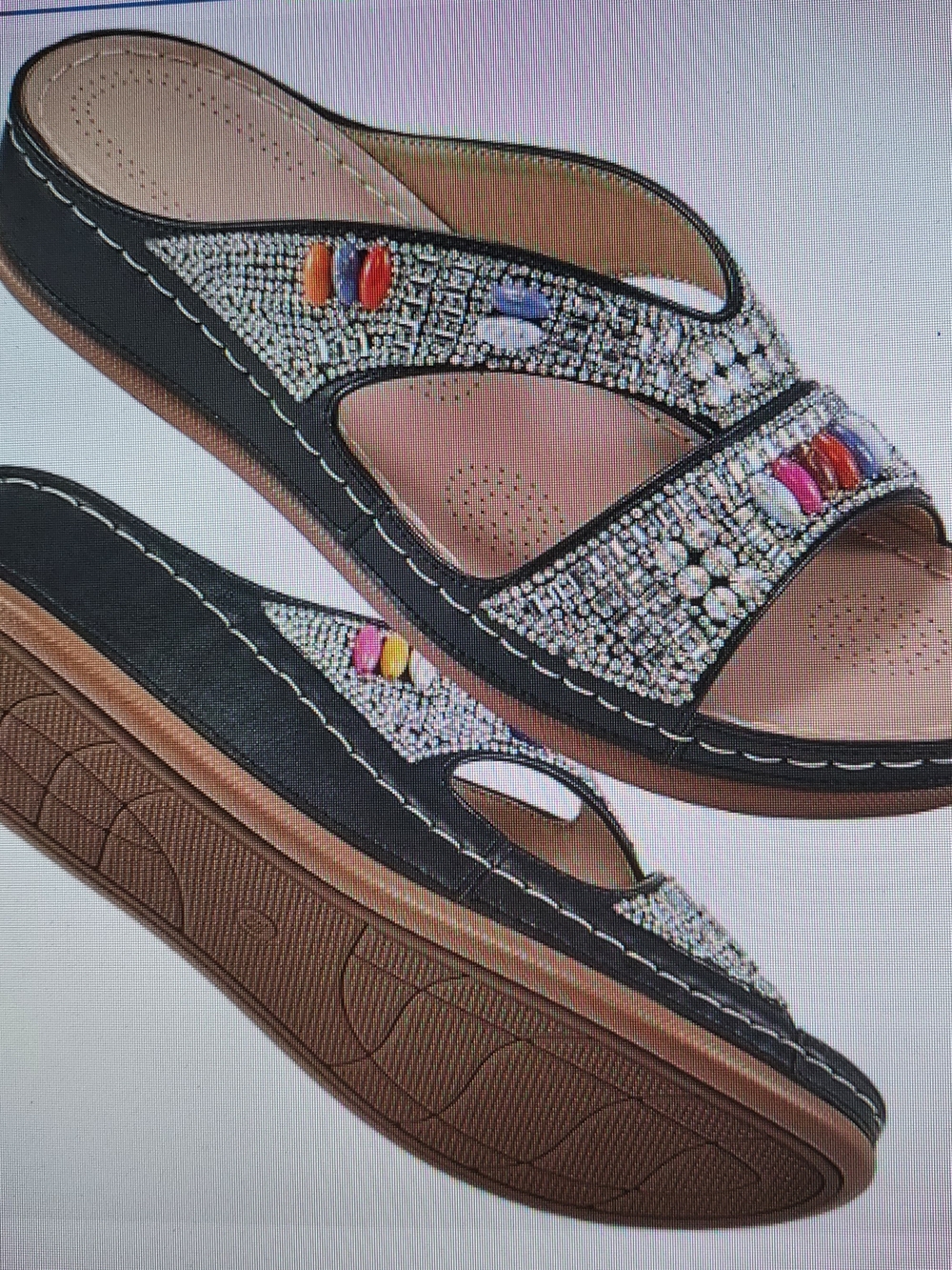 Black Beaded Slide Sandals with Multicolor Accent Stones